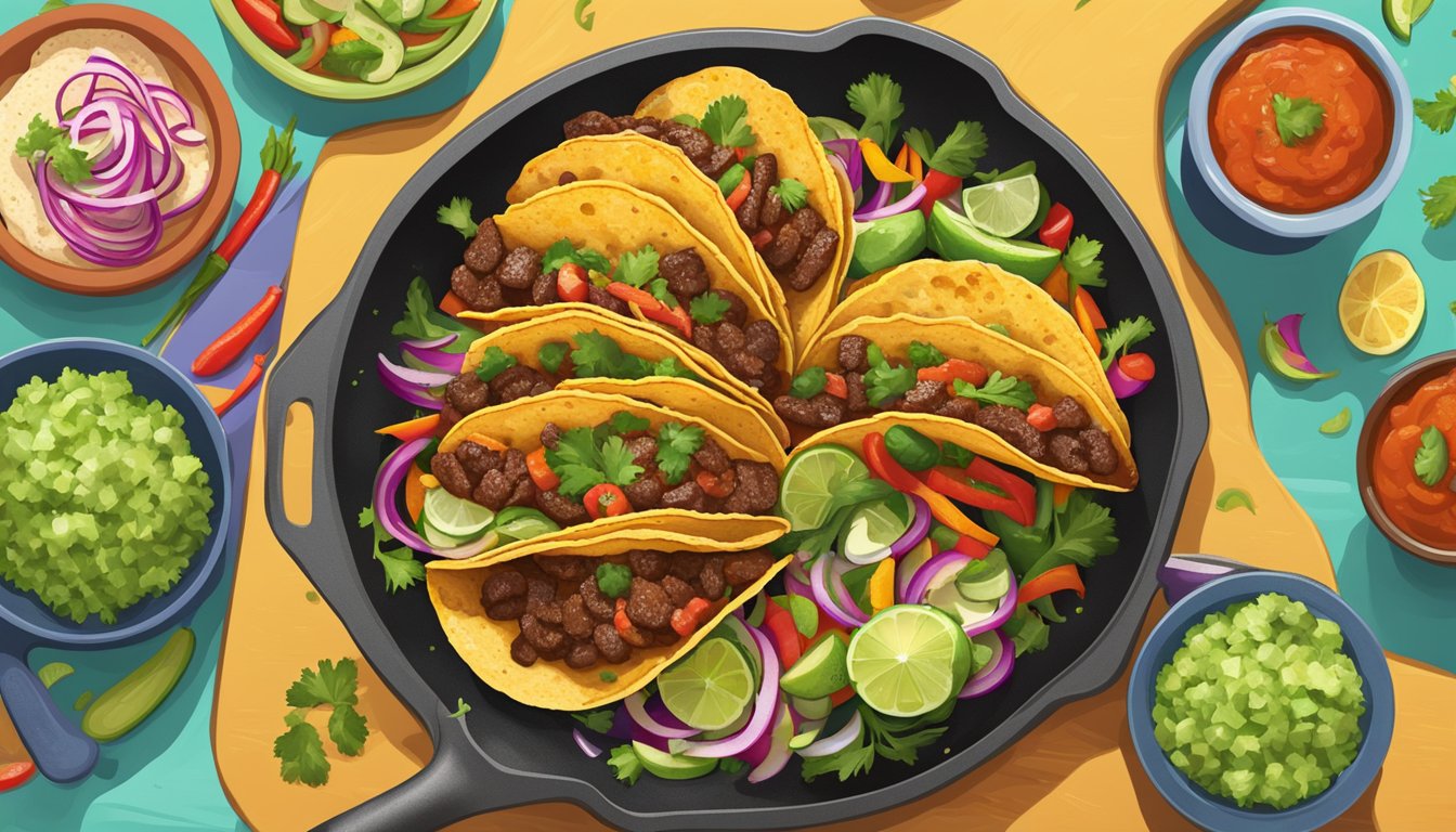 A sizzling skillet of tacos al carbon surrounded by colorful vegetables and a side of salsa