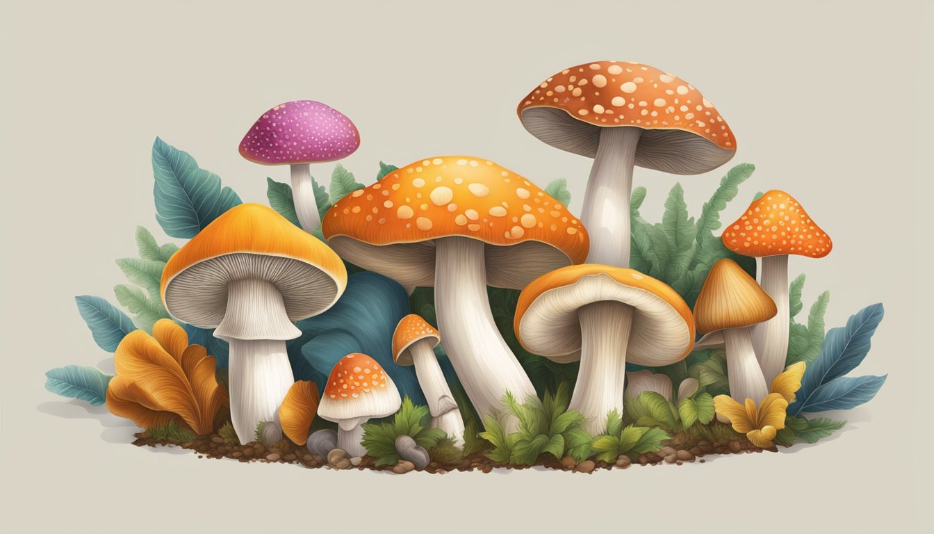 A variety of mushrooms arranged in a colorful display, with emphasis on their texture and shape to showcase their potential as a source of essential zinc