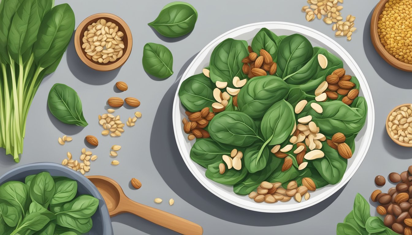 A colorful plate with spinach, nuts, and seeds, surrounded by zinc-rich foods like beans and whole grains