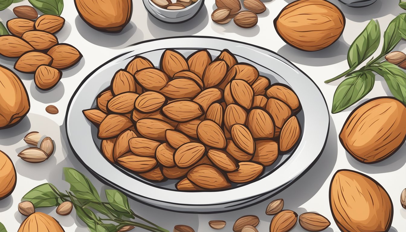 A pile of almonds with a zinc symbol on top, surrounded by other foods