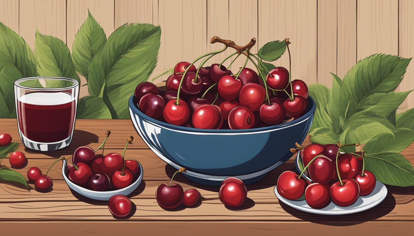 A bowl of cherries surrounded by other anti-inflammatory foods on a wooden table, with a focus on the cherries