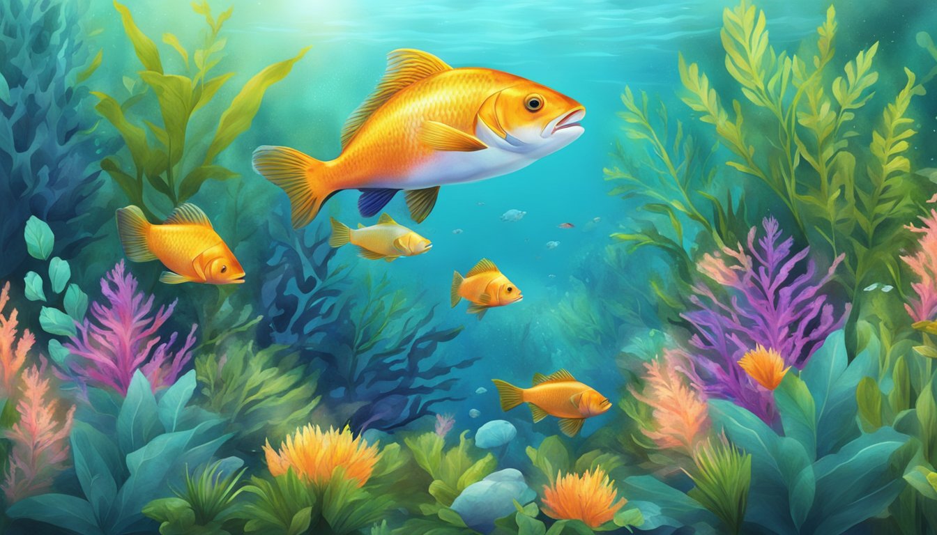 A colorful underwater scene with vibrant fatty fish swimming among anti-inflammatory plants and herbs, creating a natural remedy for knee pain