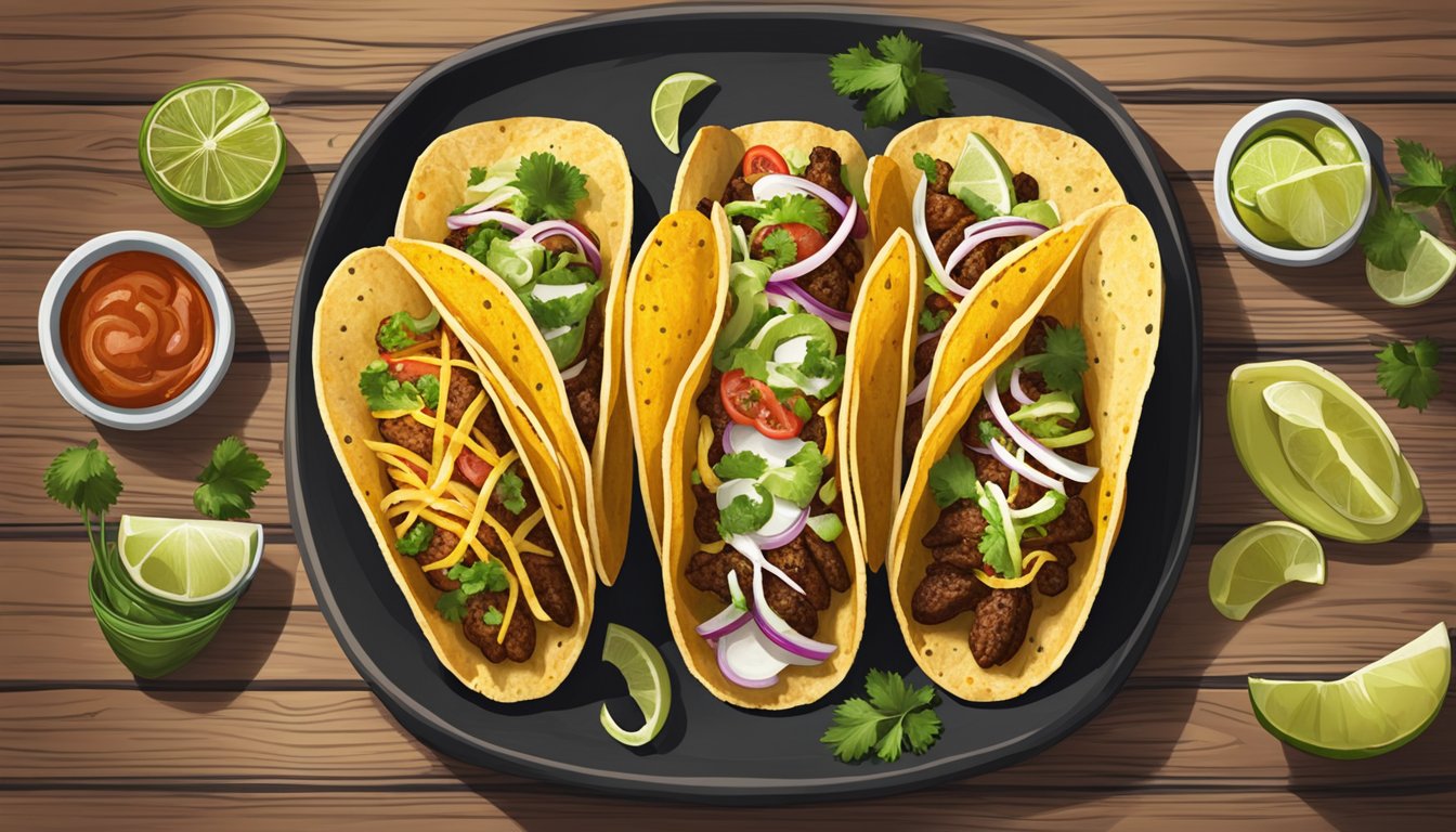 A colorful array of tacos from different regions of Mexico, each with unique fillings and toppings, displayed on a rustic wooden table