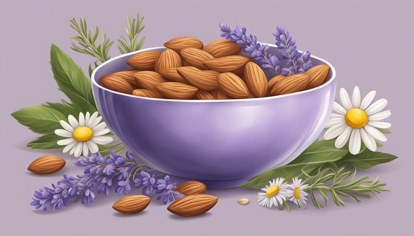 A bowl of almonds surrounded by soothing elements like lavender and chamomile