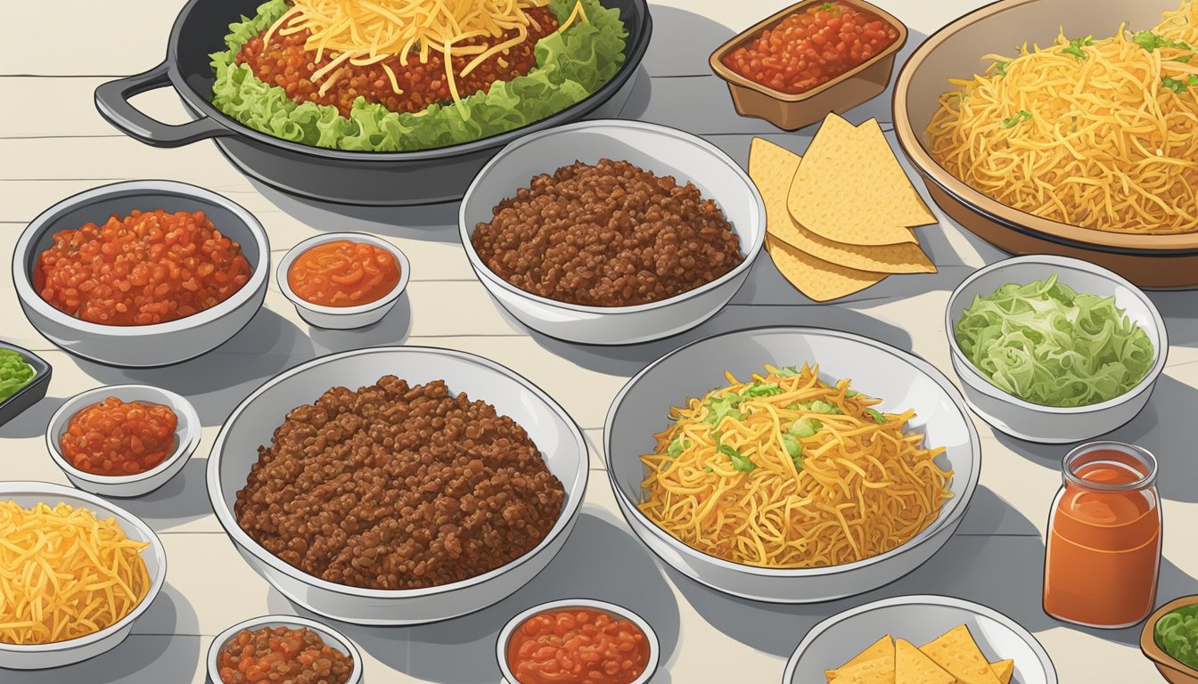 A large pot of seasoned ground beef, bowls of shredded lettuce, diced tomatoes, and grated cheese, alongside a stack of taco shells, all laid out on a long table