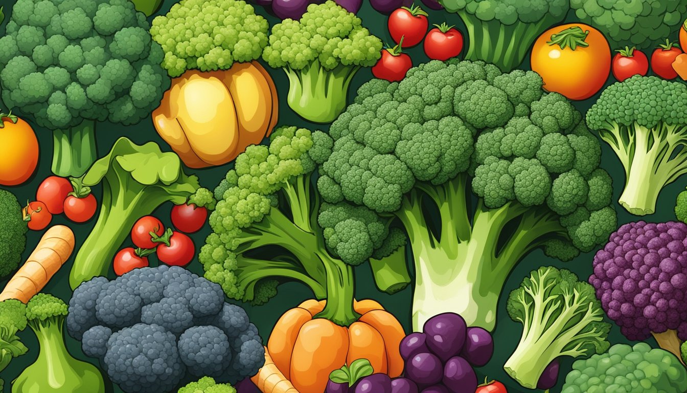 A colorful array of broccoli, surrounded by other anti-inflammatory foods, with a focus on the vibrant green florets