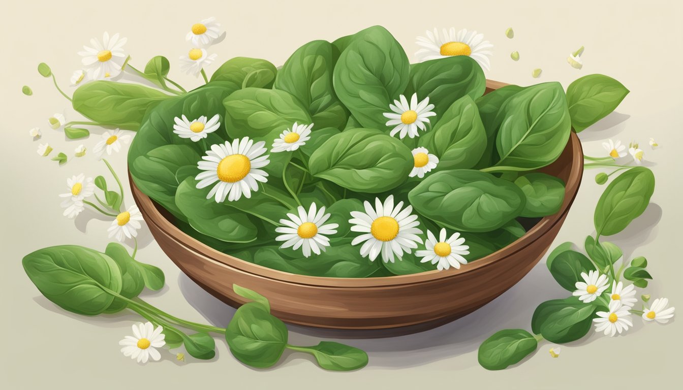 A serene bowl of spinach surrounded by soothing elements like chamomile flowers and a peaceful, natural setting