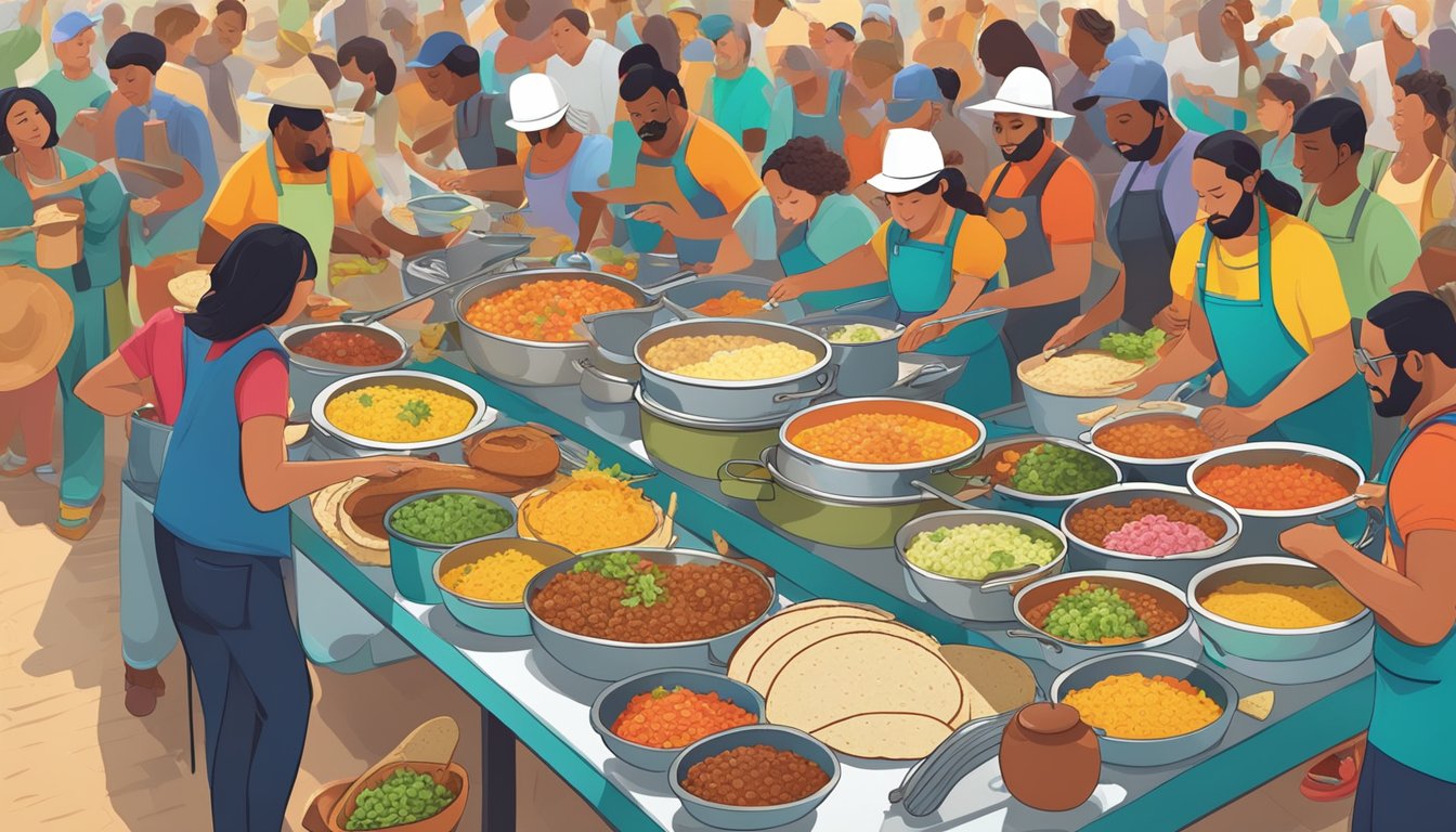 A long table filled with colorful ingredients and large pots and pans, surrounded by a bustling crowd of people assembling their own tacos