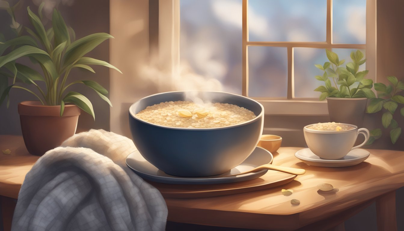 A steaming bowl of oatmeal surrounded by soothing elements like a warm mug of herbal tea, a plush blanket, and a softly lit room