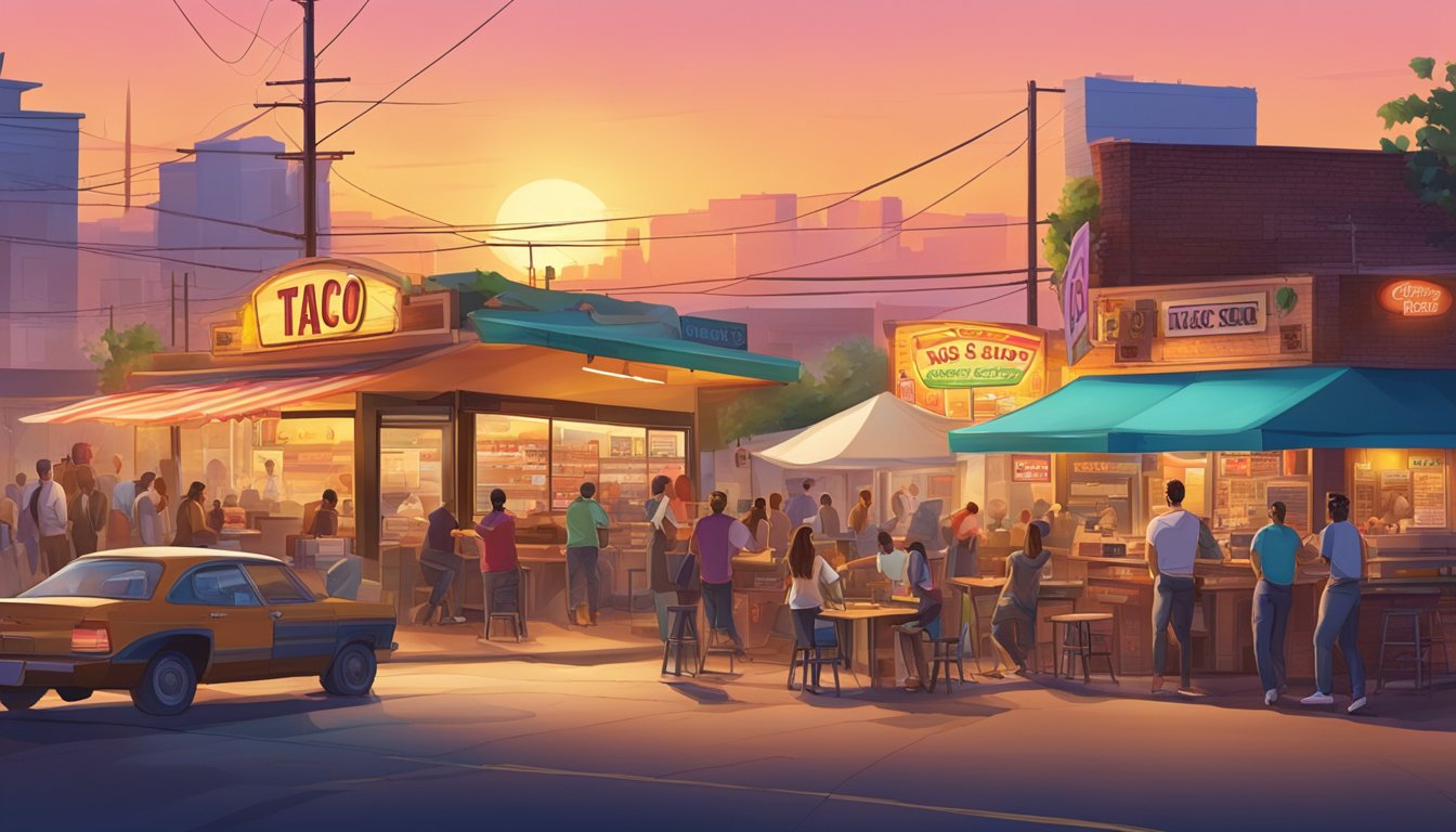 A bustling crossroads with a vibrant taco stand, surrounded by eager customers and colorful signage, as the sun sets in the background