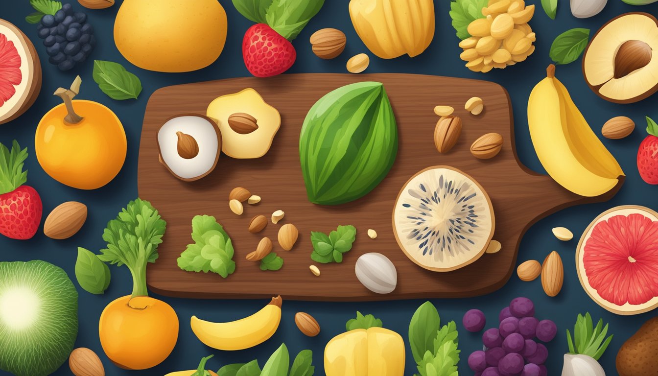 A variety of nuts and seeds arranged on a wooden cutting board, surrounded by vibrant fruits and vegetables