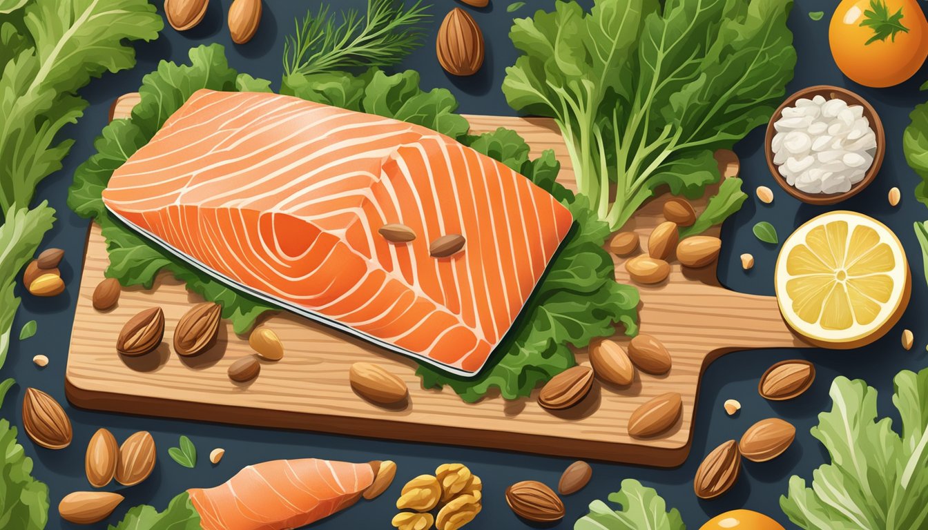 A colorful array of salmon, leafy greens, and nuts on a wooden cutting board