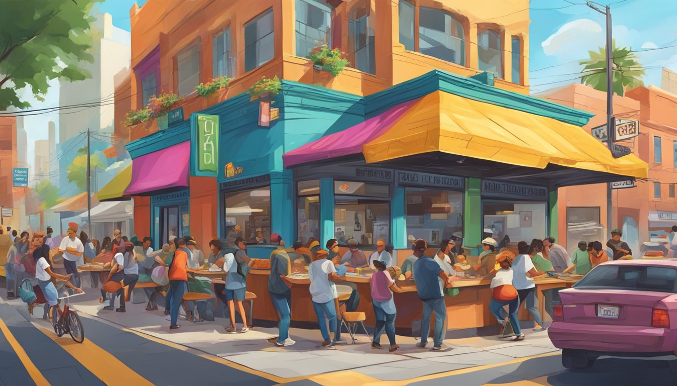 A bustling intersection with a vibrant taco joint, surrounded by hungry patrons and colorful street art