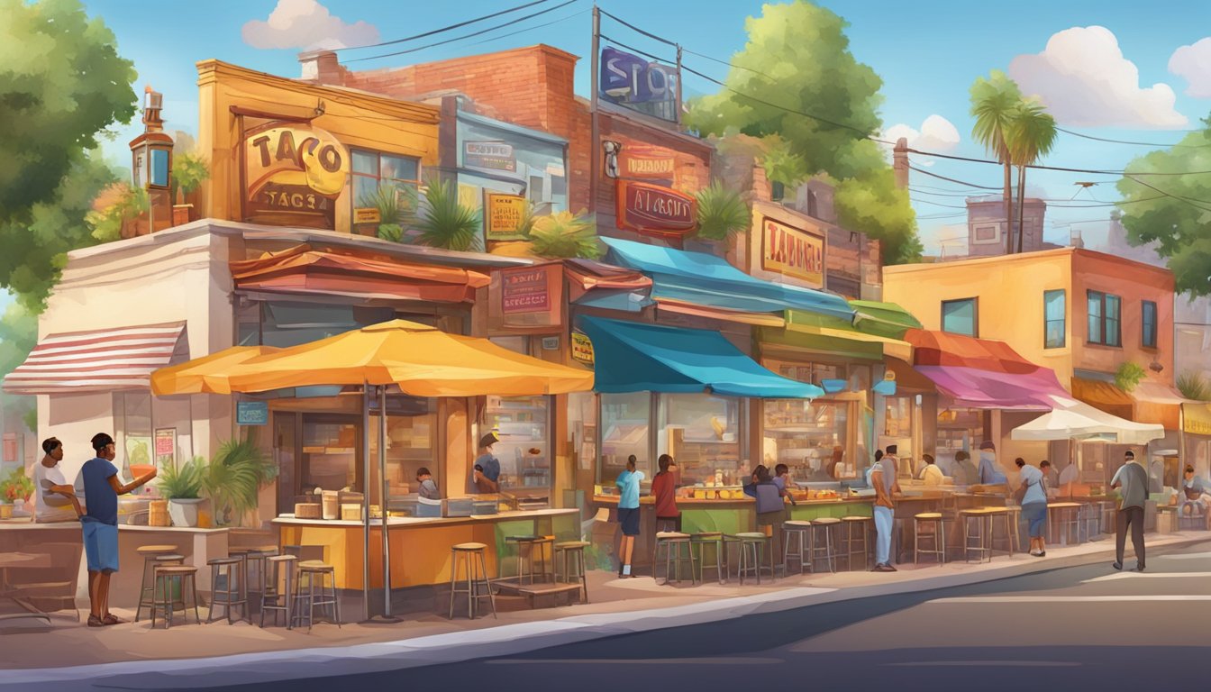 A colorful street corner with a variety of taco stands, surrounded by bustling activity and vibrant signage