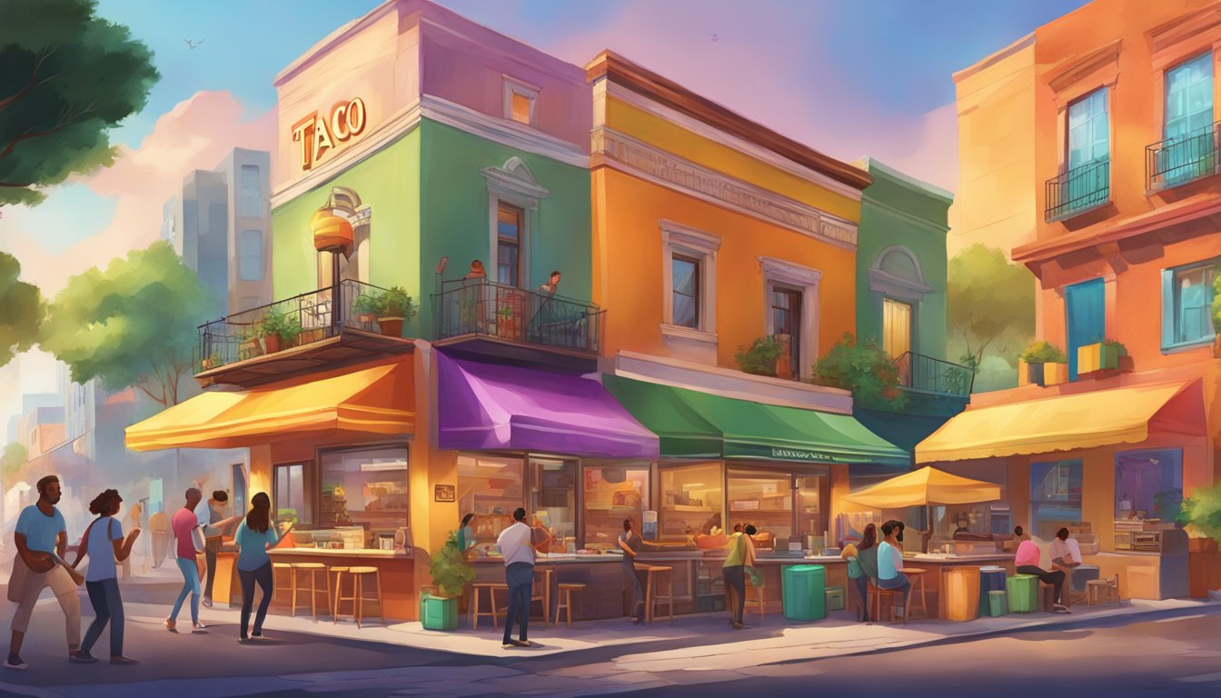 A vibrant street corner with a bustling taco stand, surrounded by colorful buildings and lively music, creating an inviting and immersive taco experience