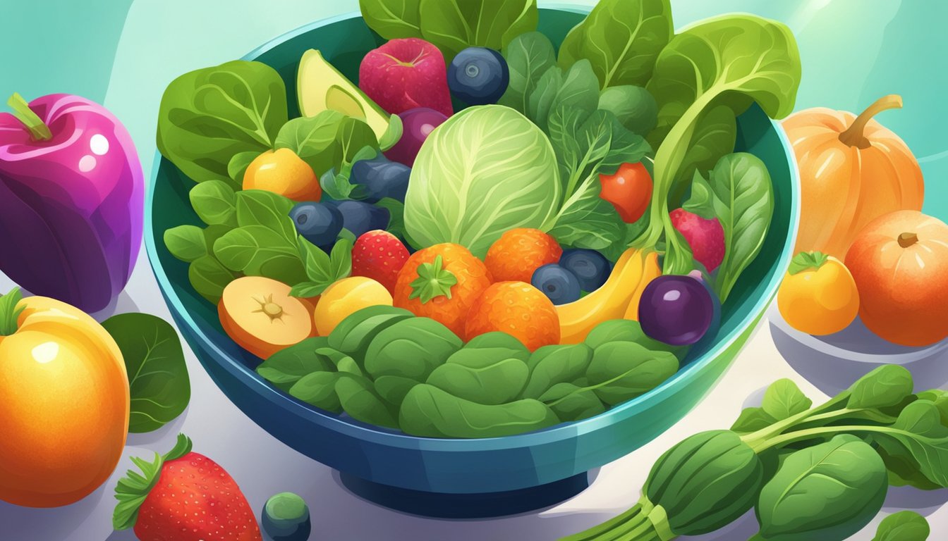 A vibrant bowl of spinach surrounded by colorful fruits and vegetables, with a bright spotlight shining on it