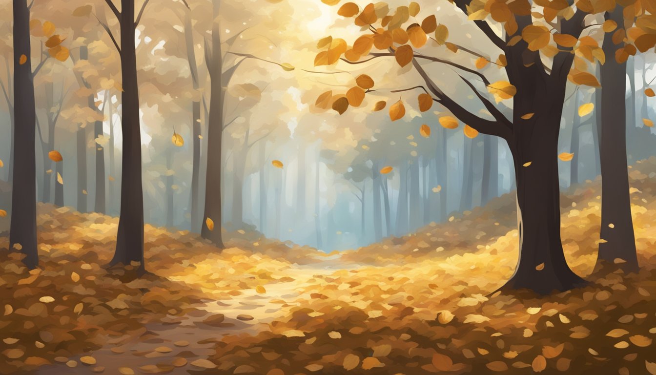 A serene forest clearing with a blanket of fallen leaves, a scattering of walnuts, and a calm, peaceful atmosphere