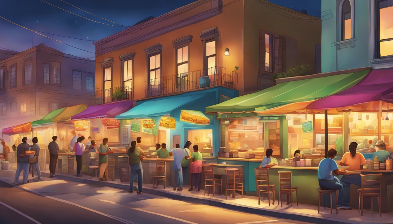 A bustling street corner with colorful taco stands and friendly vendors serving customers under a warm, inviting glow