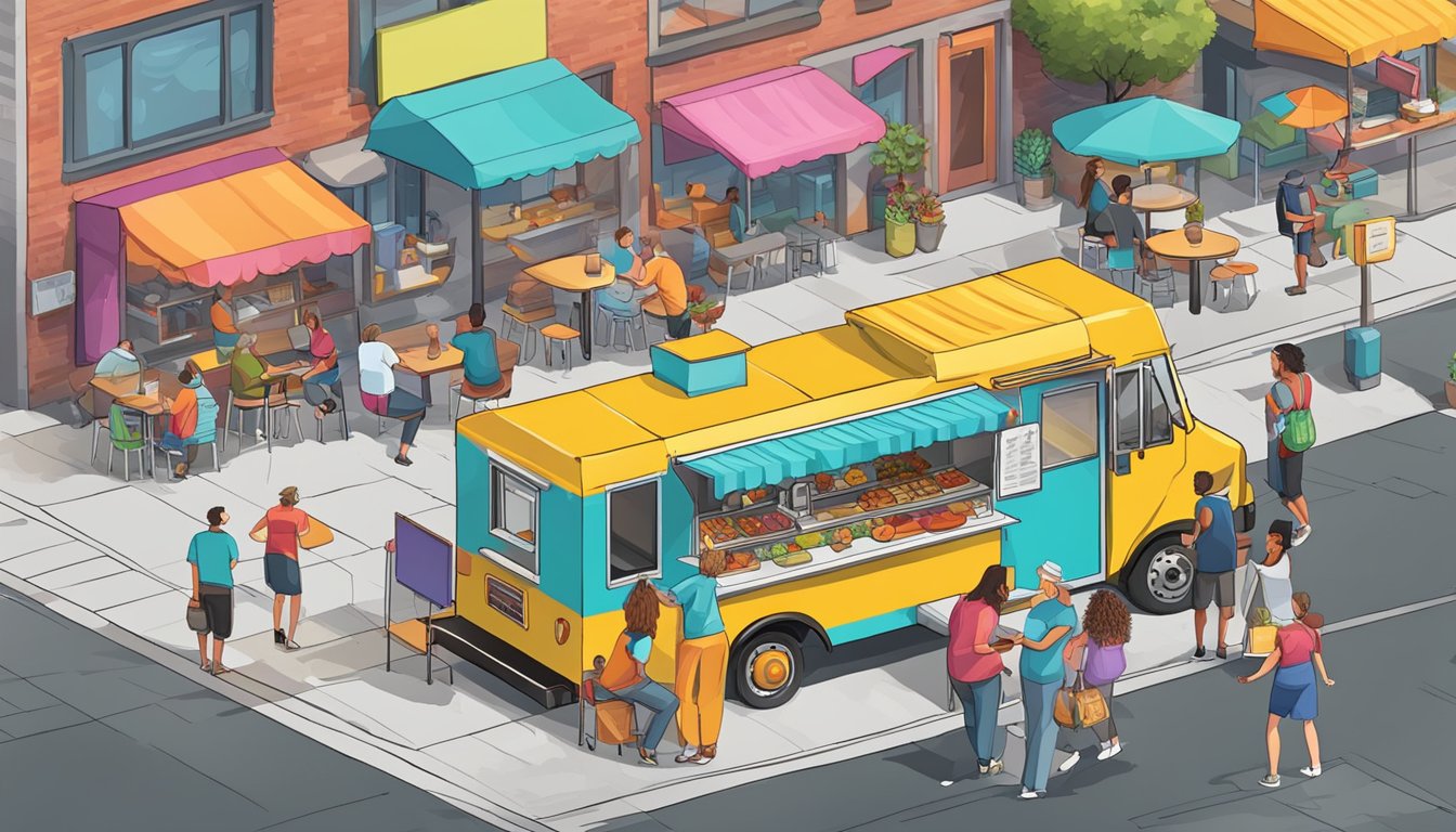 A brightly colored food truck sits at the busy crossroads, with a ramp for accessibility and a convenient outdoor seating area