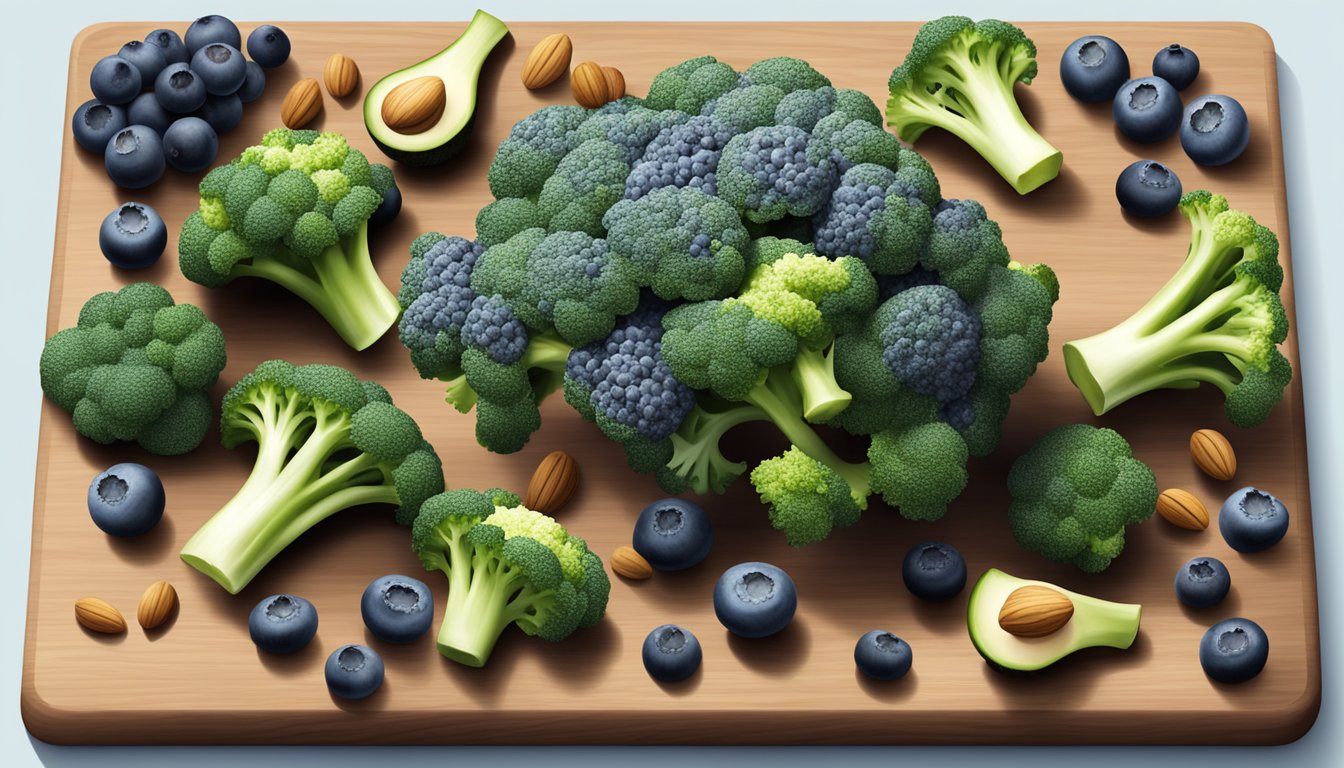 A colorful array of broccoli, blueberries, and nuts on a wooden cutting board