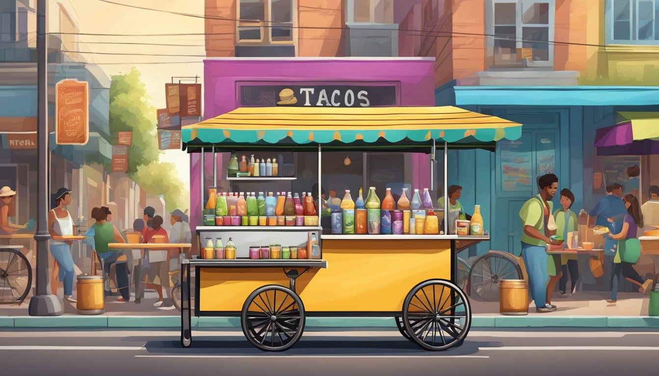 A colorful street vendor cart displays a variety of beverages and tacos at a bustling crossroads