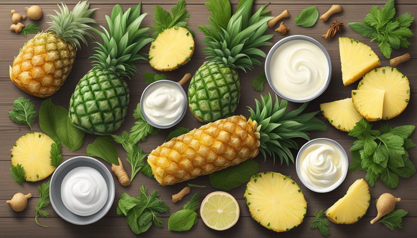 A spread of pineapple, ginger, yogurt, and leafy greens on a wooden table, surrounded by fresh herbs and spices