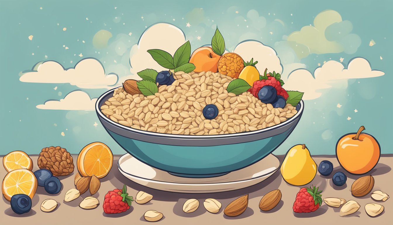 A bowl of oats surrounded by colorful fruits and nuts, with a brain-shaped cloud hovering above, representing the brain-boosting properties for managing ADHD symptoms