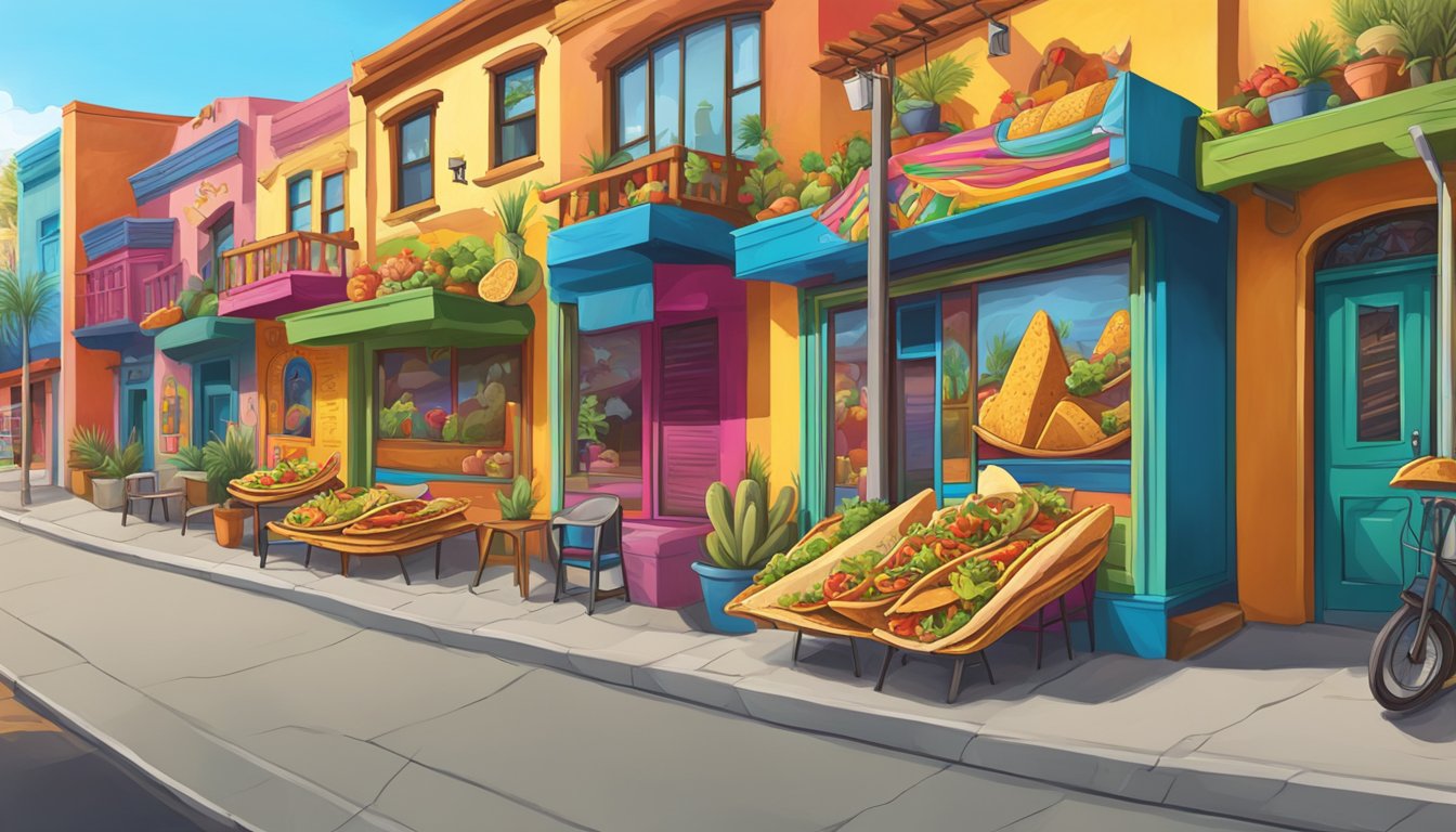 A colorful mural of tacos and traditional Mexican symbols adorns a vibrant street corner