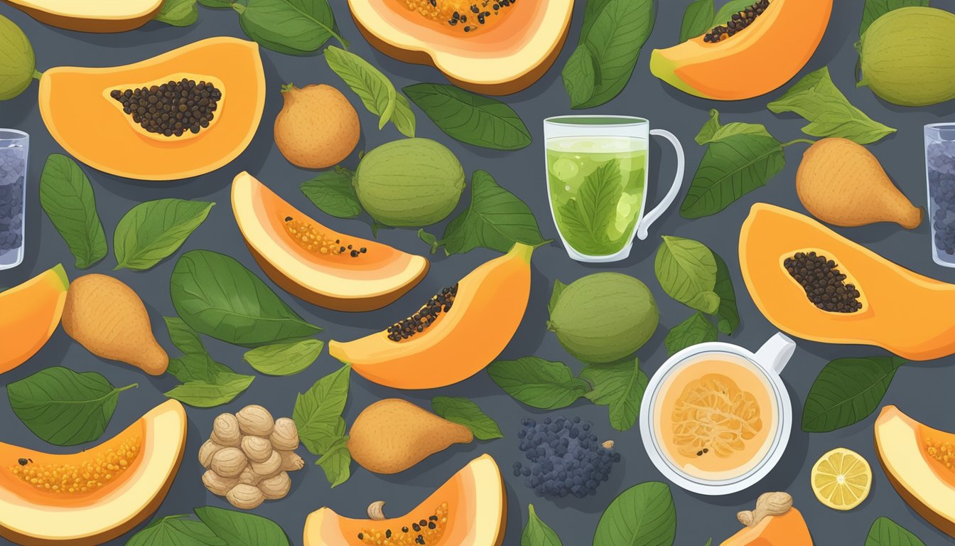 A colorful array of papayas, ginger, and probiotic-rich foods on a wooden table, with a glass of soothing herbal tea