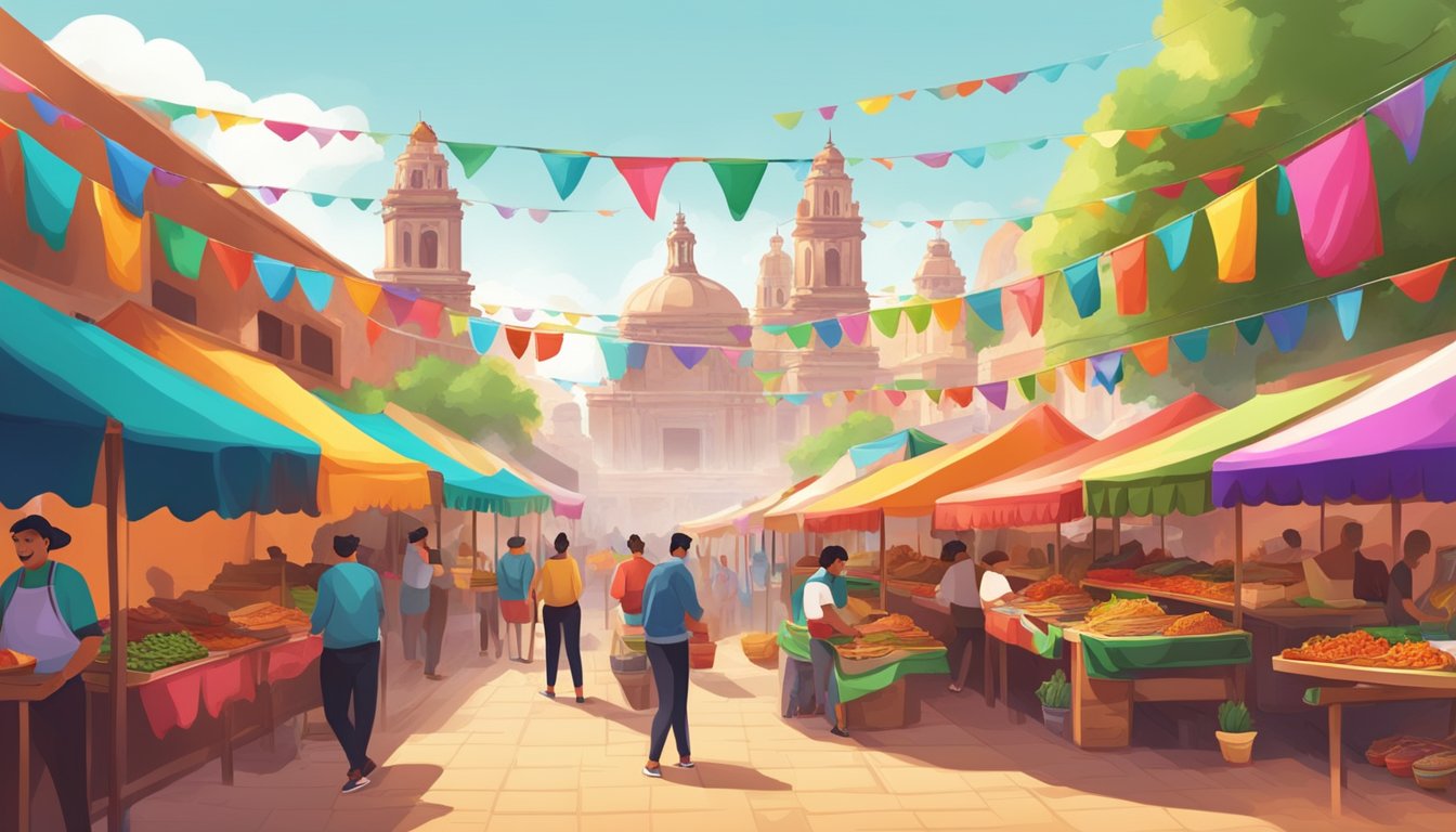 A vibrant marketplace with colorful stalls selling a variety of tacos from different regions of Mexico. The aroma of sizzling meat and spices fills the air