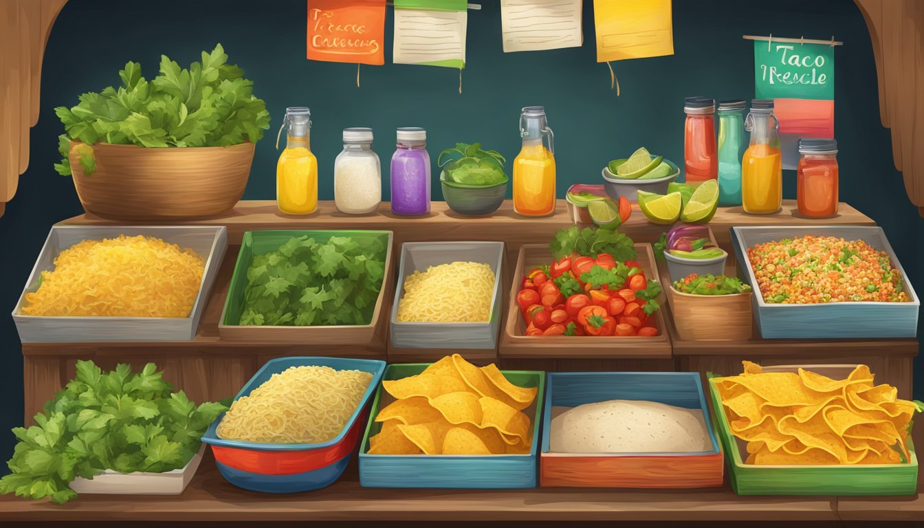 A colorful market stall displays various taco ingredients and recipe books