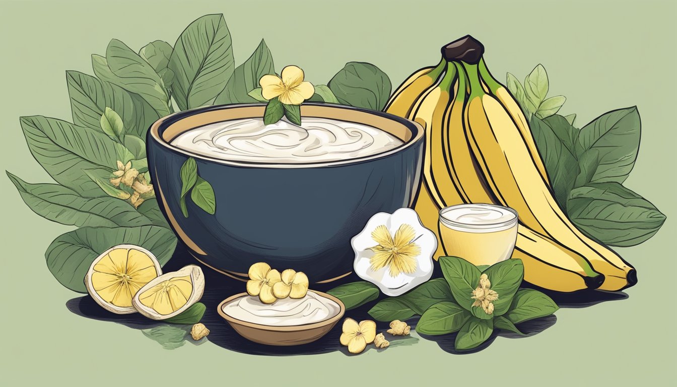 A bowl of bananas, ginger, and yogurt surrounded by soothing herbal teas and fresh herbs