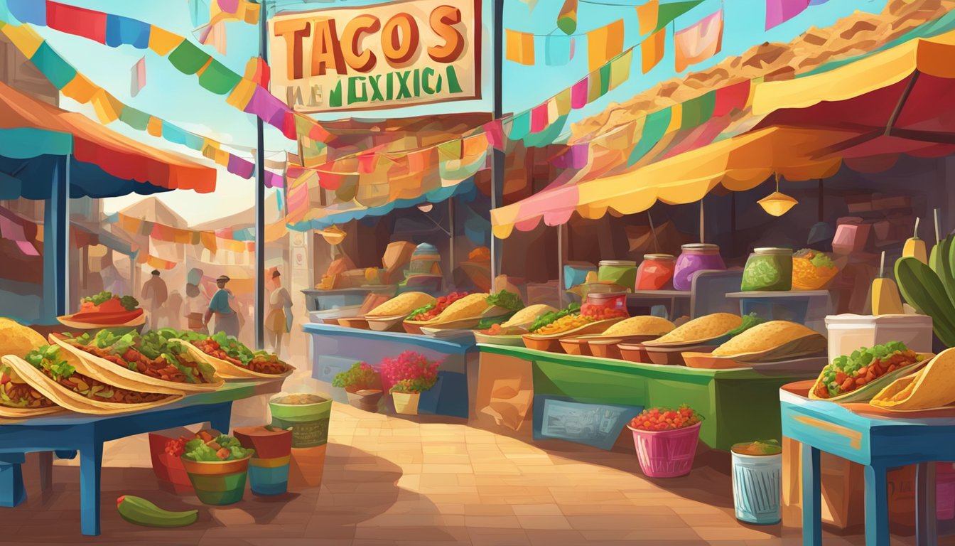 A colorful market scene with a variety of tacos and Mexican cultural symbols