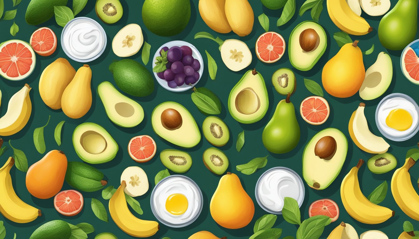 A table spread with avocados, ginger, yogurt, and bananas, surrounded by colorful fruits and vegetables