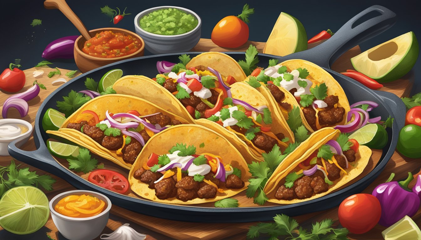 A sizzling skillet of texan tacos, bursting with vibrant colors and a unique twist on traditional ingredients, surrounded by lively spices and fresh garnishes