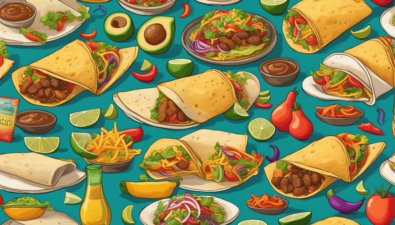 A colorful array of tacos, surrounded by vibrant Mexican literary symbols and imagery, showcasing the significant role of tacos in the global culinary scene