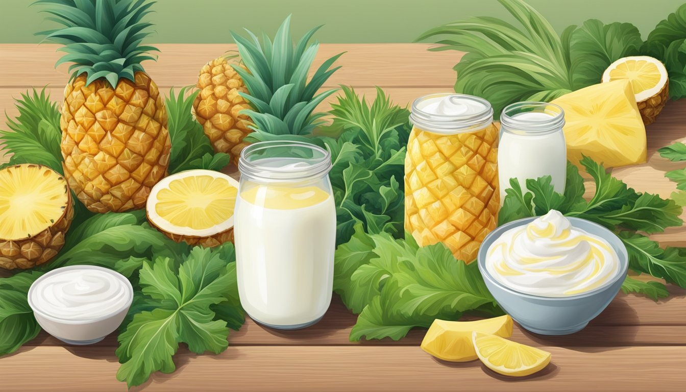 A colorful spread of pineapple, yogurt, ginger, and leafy greens on a wooden table