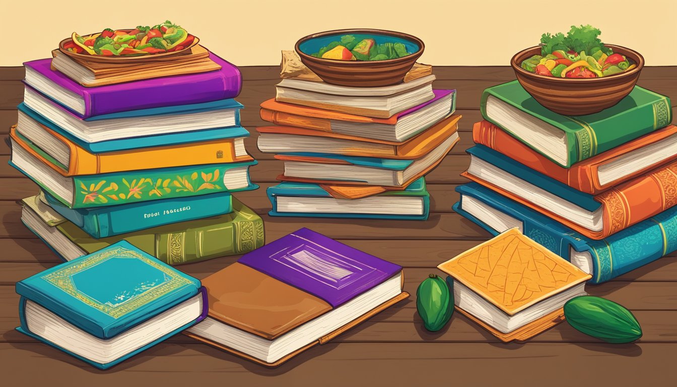 A stack of books on a wooden table, with titles in Spanish, surrounded by colorful illustrations of tacos and traditional Mexican motifs