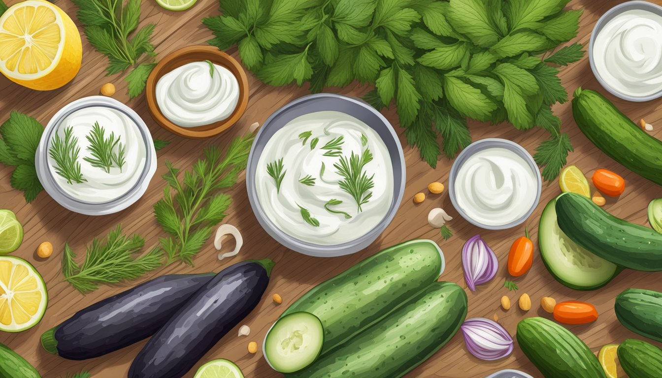 A variety of fresh cucumbers, dill, and yogurt arranged on a wooden cutting board surrounded by colorful herbs and spices