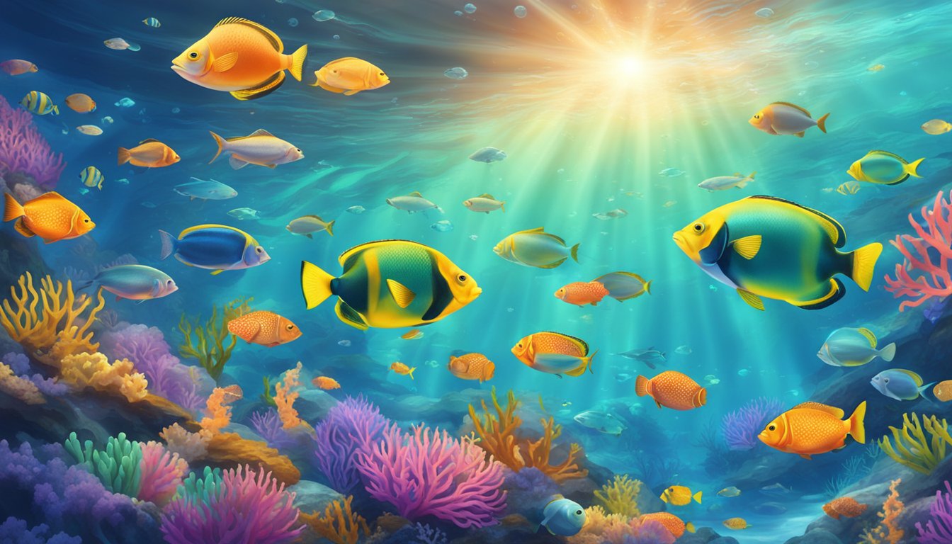 A vibrant underwater scene with a school of fatty fish swimming amidst colorful coral, their sleek bodies glistening in the sunlight