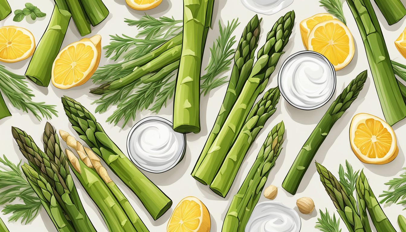 A colorful array of asparagus, ginger, and yogurt surrounded by fresh herbs and spices