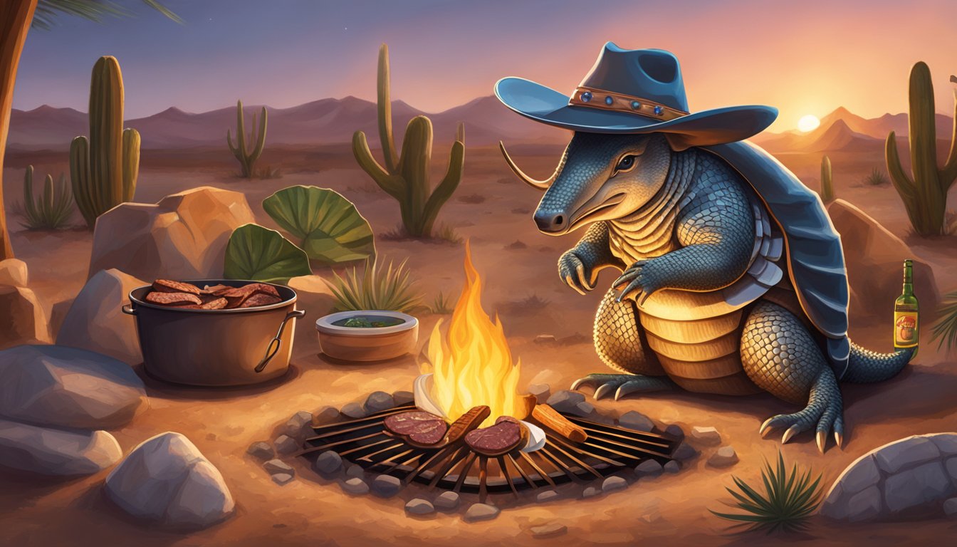 A cowboy hat-wearing armadillo grilling steak and jalapeno tacos over a campfire in the Texas desert