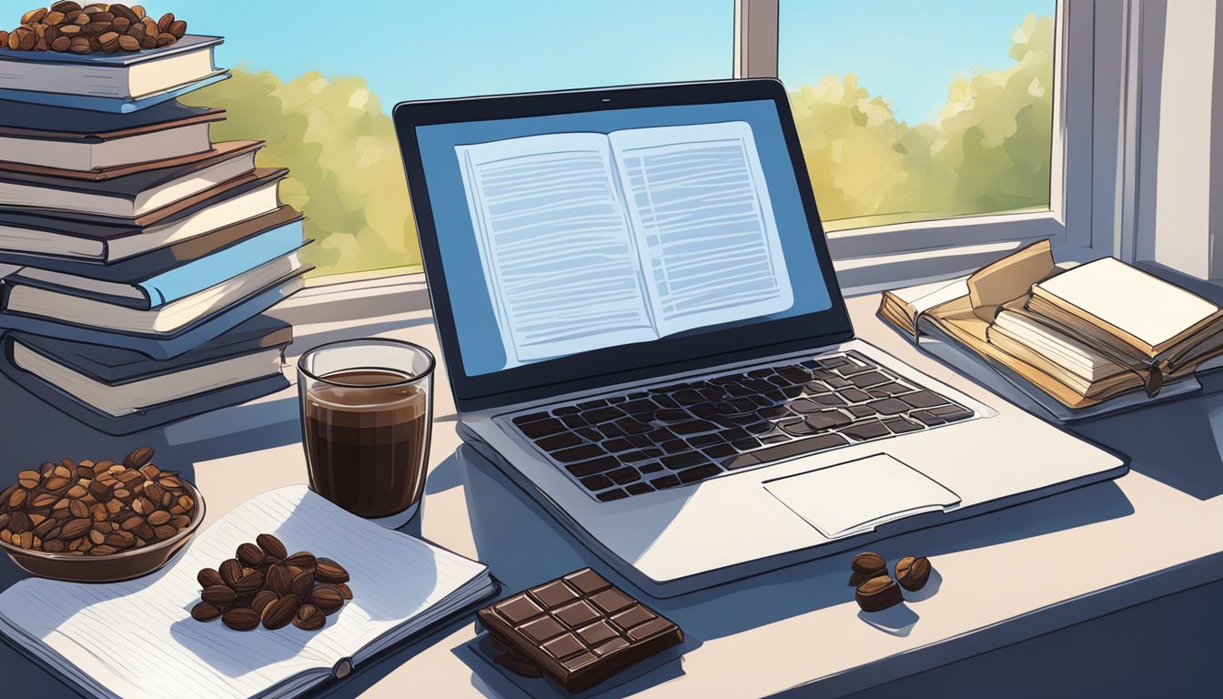 A table with a spread of dark chocolate, nuts, and berries, surrounded by books and a laptop, with a clear blue sky outside the window