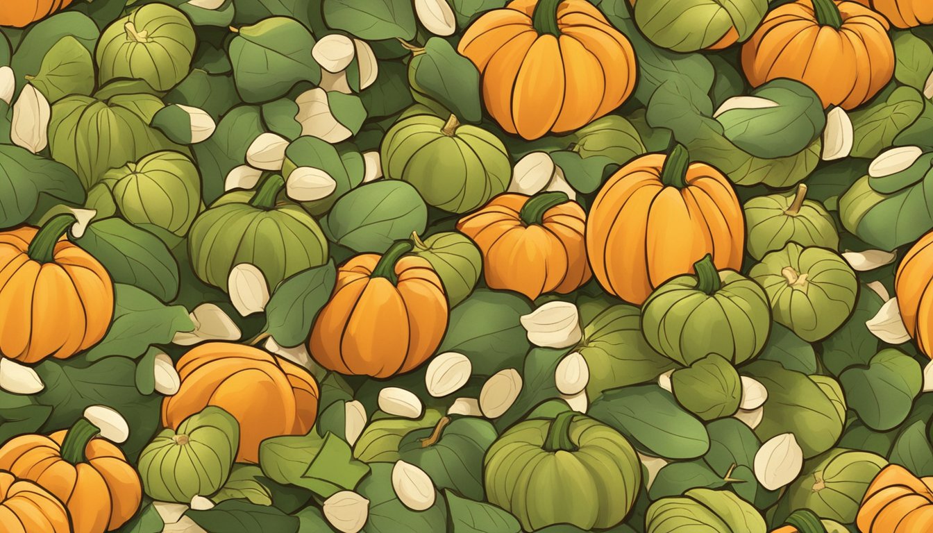 A pile of pumpkin seeds surrounded by scattered leaves and a few pumpkins, with a beam of sunlight shining down onto them