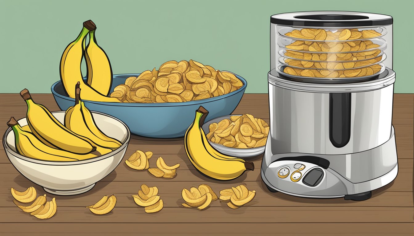 A table with rows of ripe bananas, a dehydrator machine, and a bowl of dried banana chips