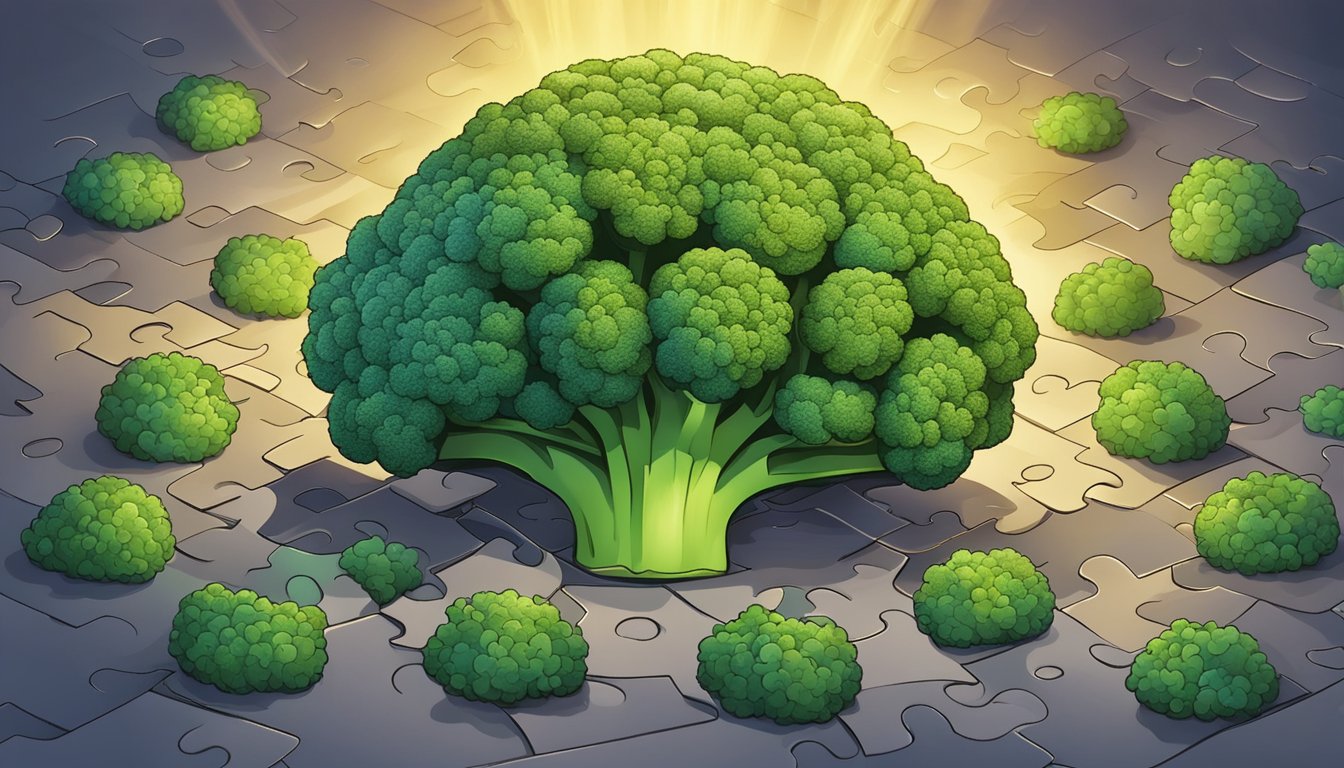 A pile of broccoli surrounded by scattered puzzle pieces and a glowing brain, symbolizing mental clarity and focus