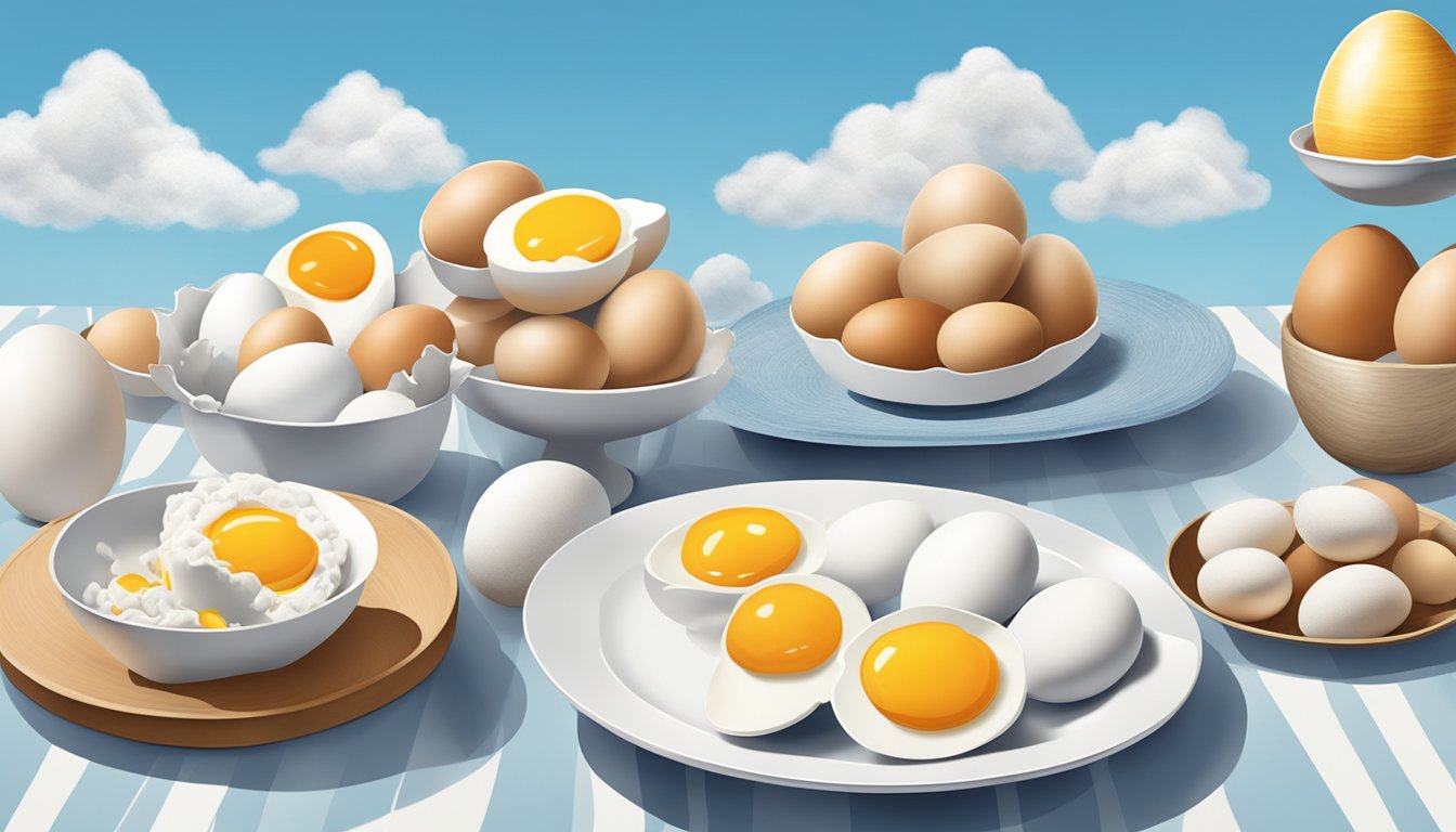 A table with a variety of eggs, surrounded by brain-shaped clouds and a clear blue sky