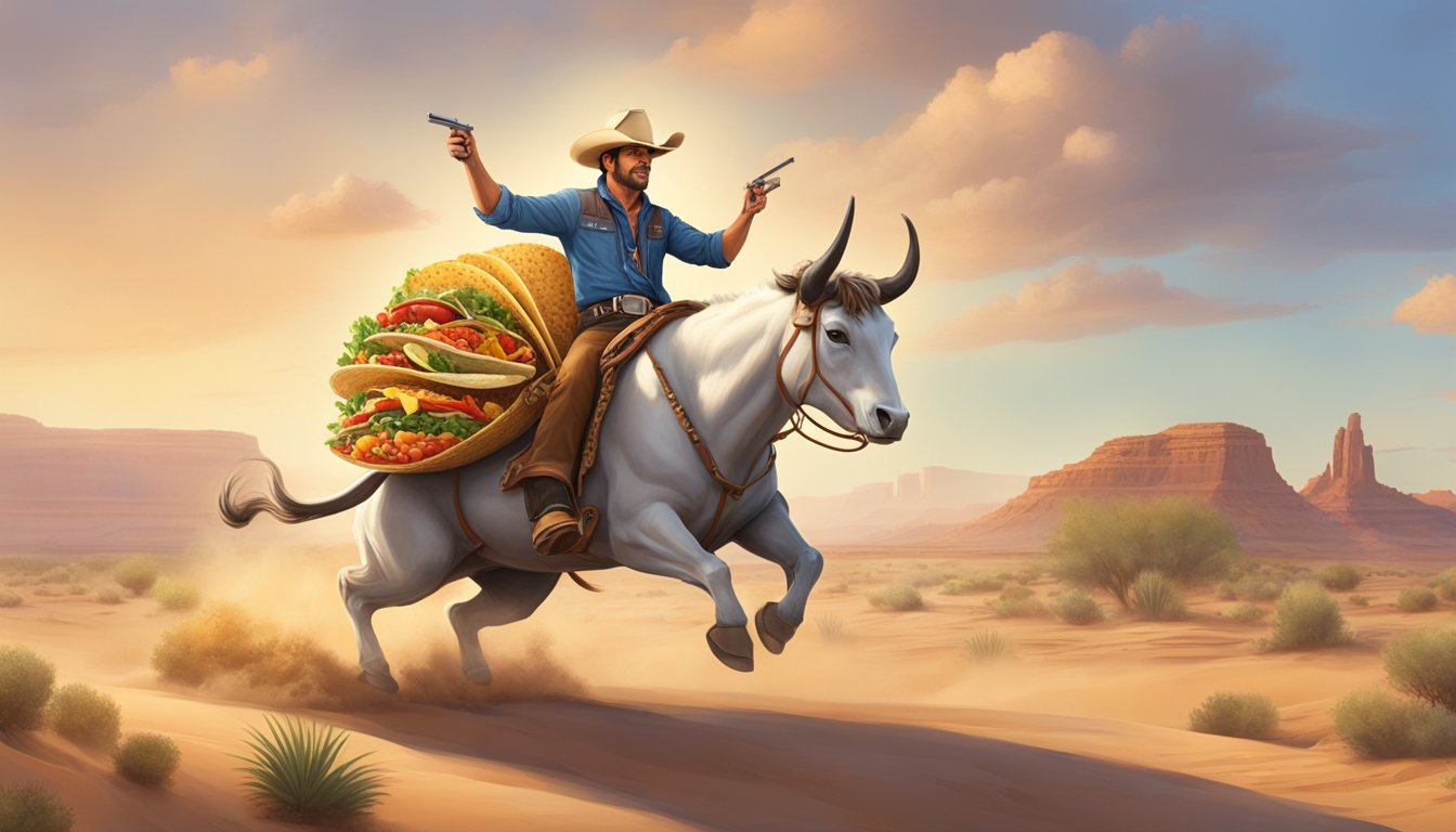 A Texan cowboy riding a taco-shaped bull in a desert filled with various specialty tacos