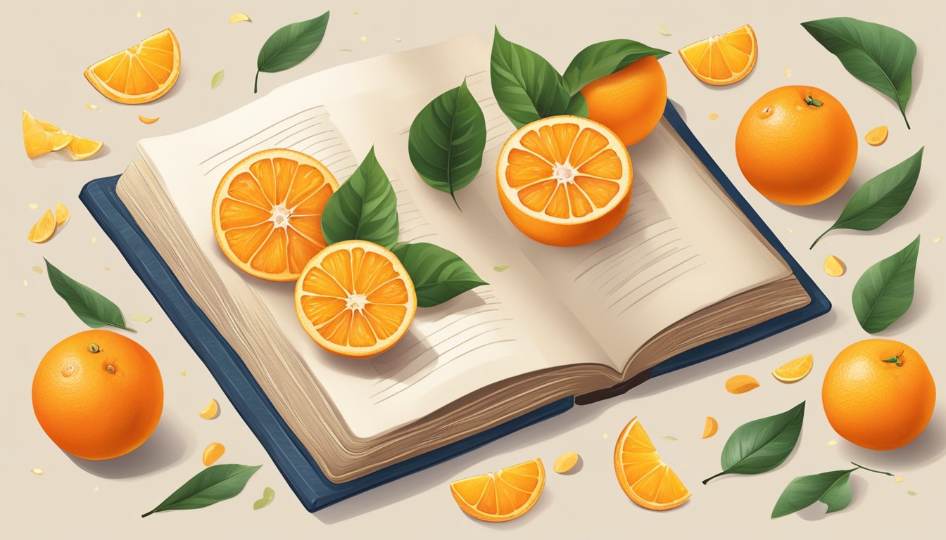 A table with a variety of oranges, surrounded by scattered leaves and a book on brain health