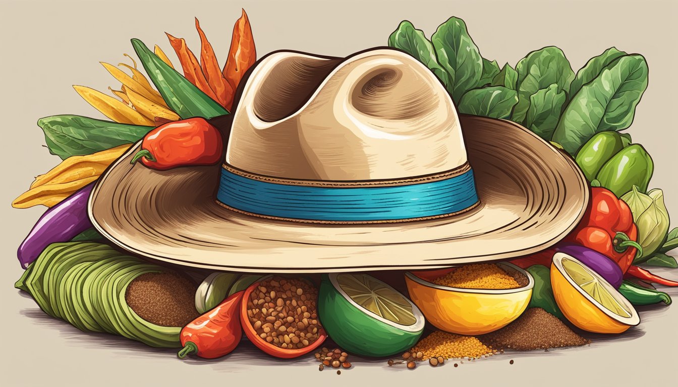 A Texan cowboy hat surrounded by colorful taco ingredients and spices